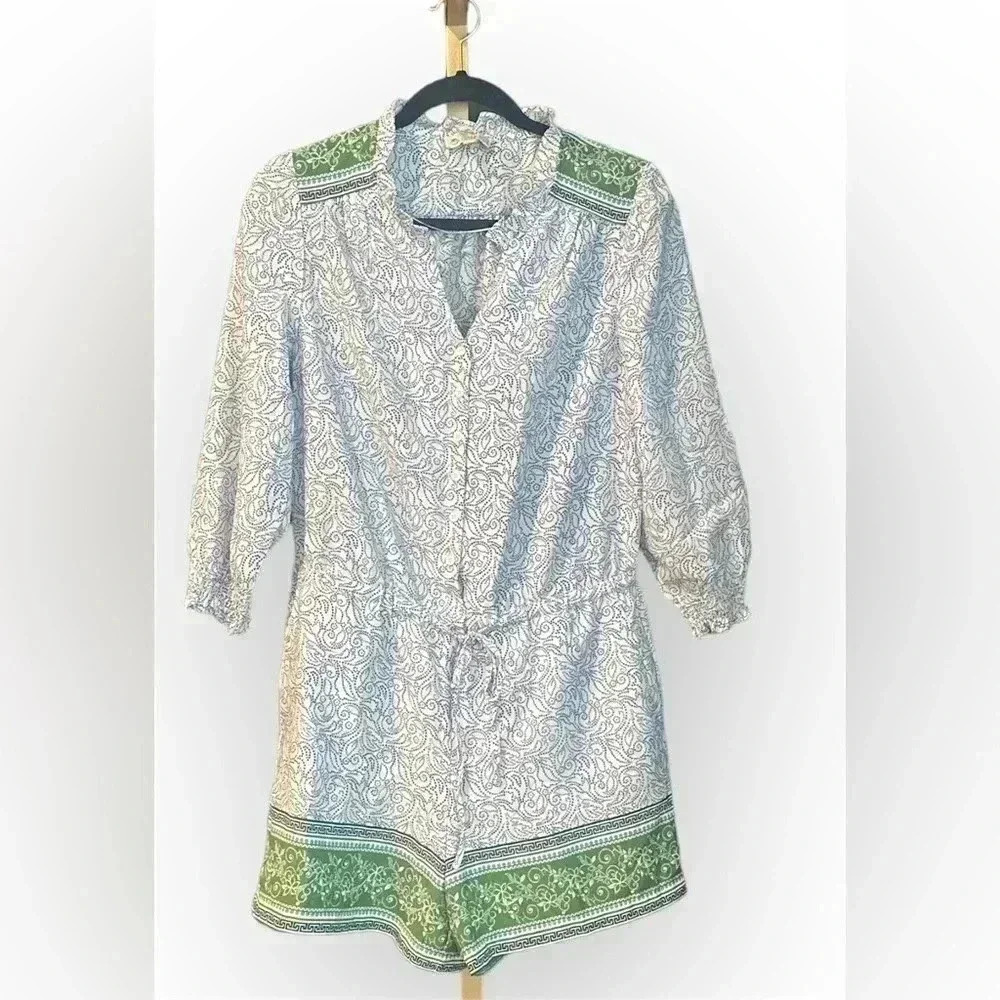 Elaine Rose Green and white paisley print romper